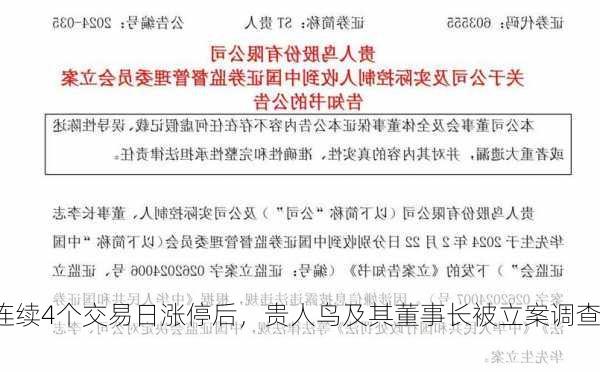 连续4个交易日涨停后，贵人鸟及其董事长被立案调查！