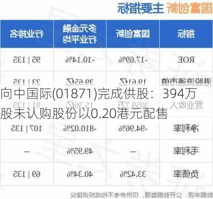 向中国际(01871)完成供股：394万股未认购股份以0.20港元配售