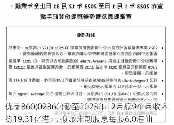 优品360(02360)截至2023年12月底9个月收入约19.31亿港元 拟派末期股息每股6.0港仙