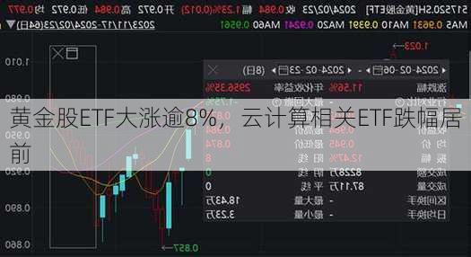 黄金股ETF大涨逾8%，云计算相关ETF跌幅居前