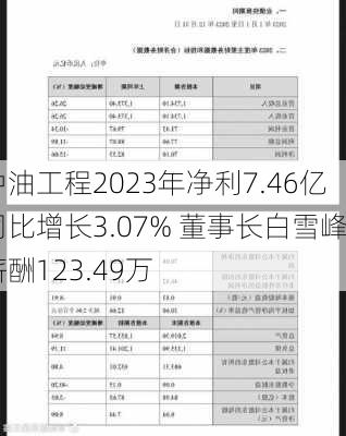 中油工程2023年净利7.46亿同比增长3.07% 董事长白雪峰薪酬123.49万