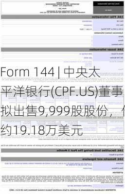 Form 144 | 中央太平洋银行(CPF.US)董事拟出售9,999股股份，价值约19.18万美元