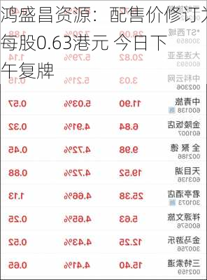 鸿盛昌资源：配售价修订为每股0.63港元 今日下午复牌