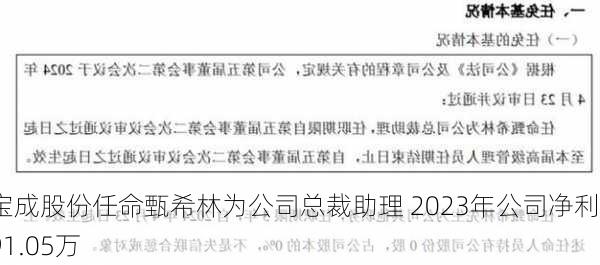 宝成股份任命甄希林为公司总裁助理 2023年公司净利391.05万