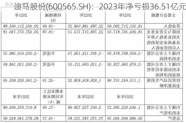 迪马股份(600565.SH)：2023年净亏损36.51亿元