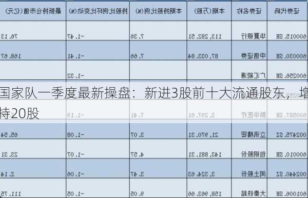 国家队一季度最新操盘：新进3股前十大流通股东，增持20股