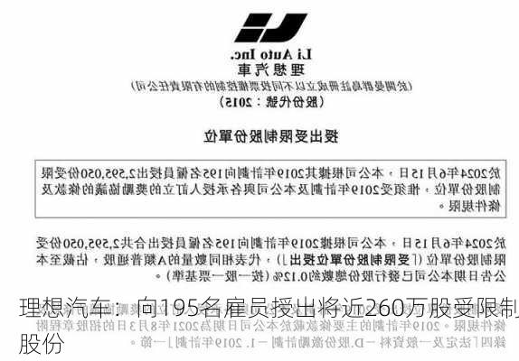 理想汽车：向195名雇员授出将近260万股受限制股份