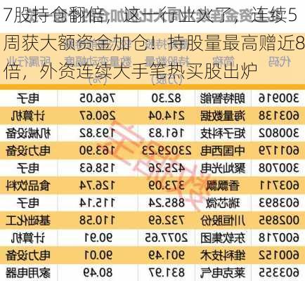 7股持仓翻倍，这一行业火了，连续5周获大额资金加仓！持股量最高赠近8倍，外资连续大手笔热买股出炉