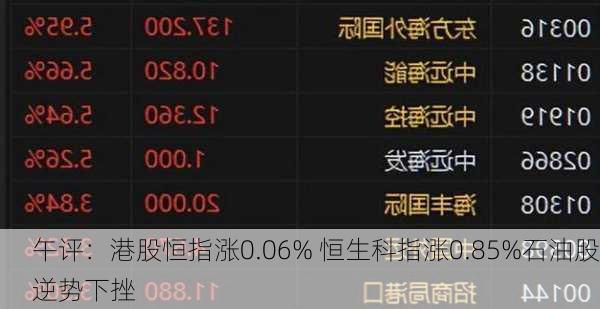 午评：港股恒指涨0.06% 恒生科指涨0.85%石油股逆势下挫