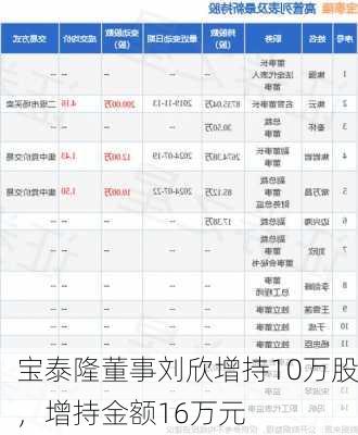 宝泰隆董事刘欣增持10万股，增持金额16万元