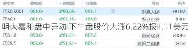 明大嘉和盘中异动 下午盘股价大涨6.22%报1.11美元