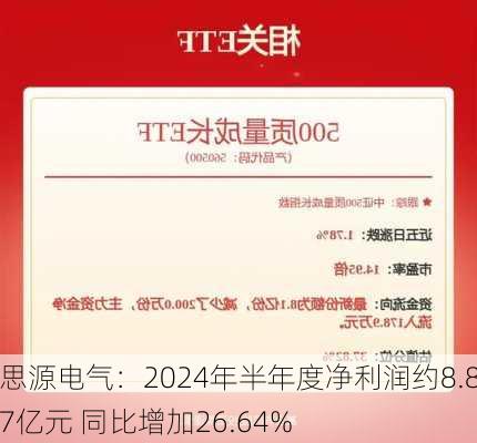 思源电气：2024年半年度净利润约8.87亿元 同比增加26.64%