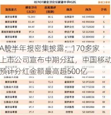 A股半年报密集披露：170多家上市公司宣布中期分红，中国移动预计分红金额最高超500亿