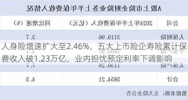 人身险增速扩大至2.46%，五大上市险企寿险累计保费收入破1.23万亿，业内担忧预定利率下调影响