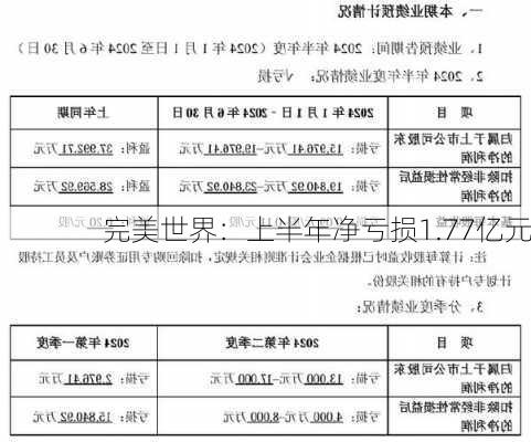 完美世界：上半年净亏损1.77亿元