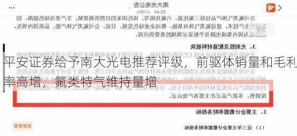 平安证券给予南大光电推荐评级，前驱体销量和毛利率高增，氟类特气维持量增