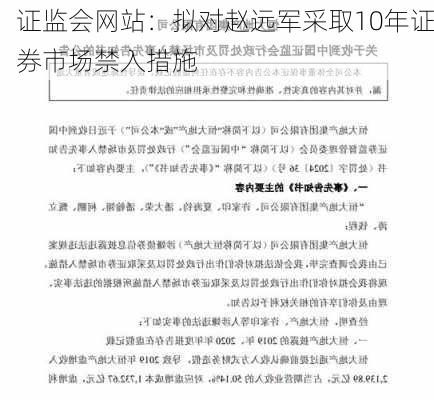 证监会网站：拟对赵远军采取10年证券市场禁入措施