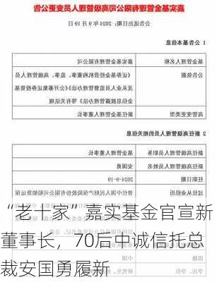 “老十家”嘉实基金官宣新董事长，70后中诚信托总裁安国勇履新