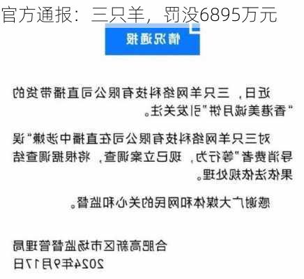 官方通报：三只羊，罚没6895万元