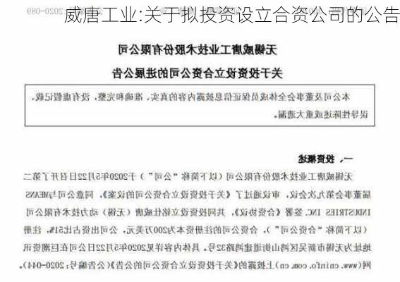 威唐工业:关于拟投资设立合资公司的公告