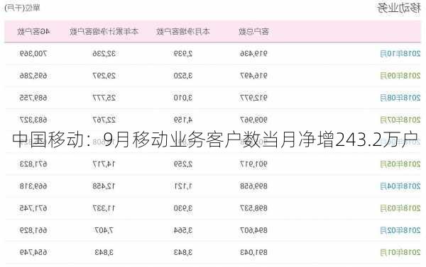 中国移动：9月移动业务客户数当月净增243.2万户