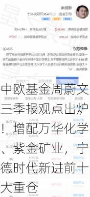 中欧基金周蔚文三季报观点出炉！增配万华化学、紫金矿业，宁德时代新进前十大重仓