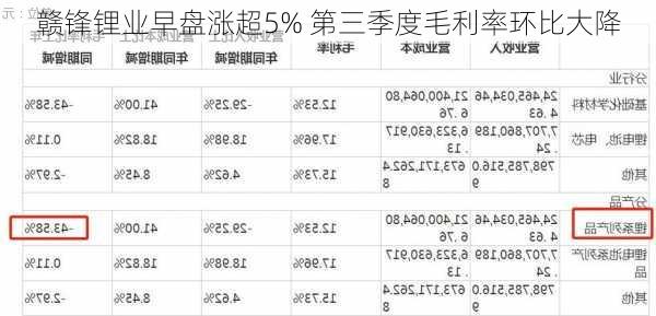 赣锋锂业早盘涨超5% 第三季度毛利率环比大降