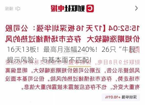 16天13板！最高月涨幅240%！26只“牛股”提示风险：与基本面不匹配！