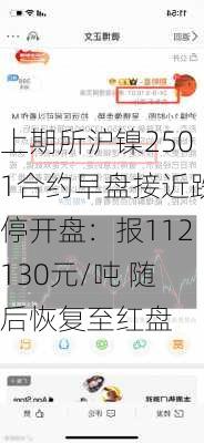 上期所沪镍2501合约早盘接近跌停开盘：报112130元/吨 随后恢复至红盘