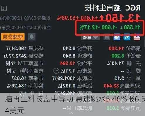 脑再生科技盘中异动 急速跳水5.46%报6.54美元