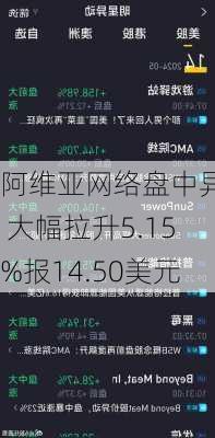 阿维亚网络盘中异动 大幅拉升5.15%报14.50美元