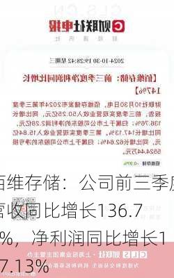 佰维存储：公司前三季度营收同比增长136.76%，净利润同比增长147.13%