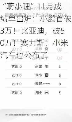 “蔚小理”11月成绩单出炉：小鹏首破3万！比亚迪，破50万！赛力斯、小米汽车也公布了